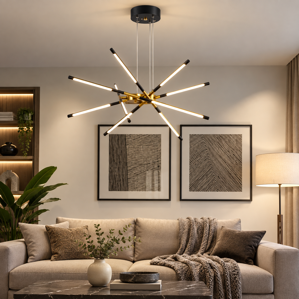 Modern LED-taklampa i svart och guld